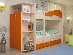Кровать 2-х ярусная Мая с ящиками и шкафом на латофлексах оранж в Полевском - polevskoj.magazinmebel.ru | фото