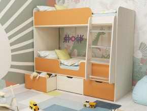 Кровать двухъярусная Малыш двойняшка дуб молочный-оранжевый в Полевском - polevskoj.magazinmebel.ru | фото